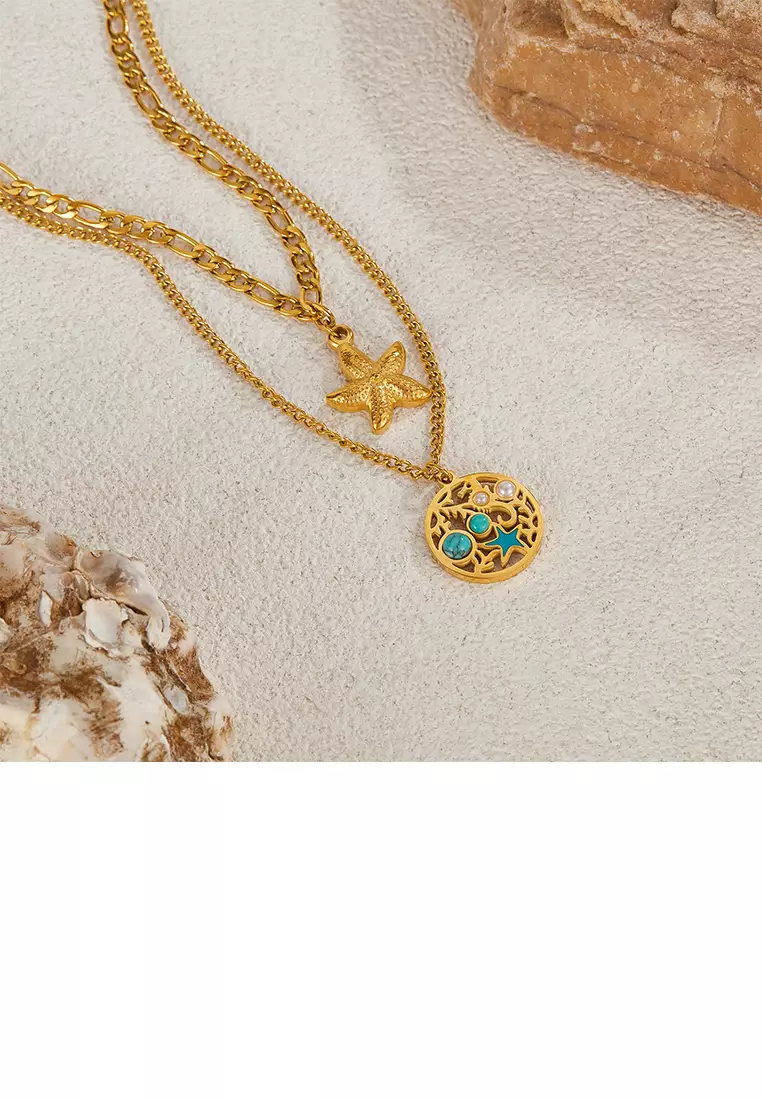 Glamorousky Fashion and Elegant Plated Gold 316L Stainless Steel Hollow Geometric Round Starfish Pendant with Imitation Pearls a