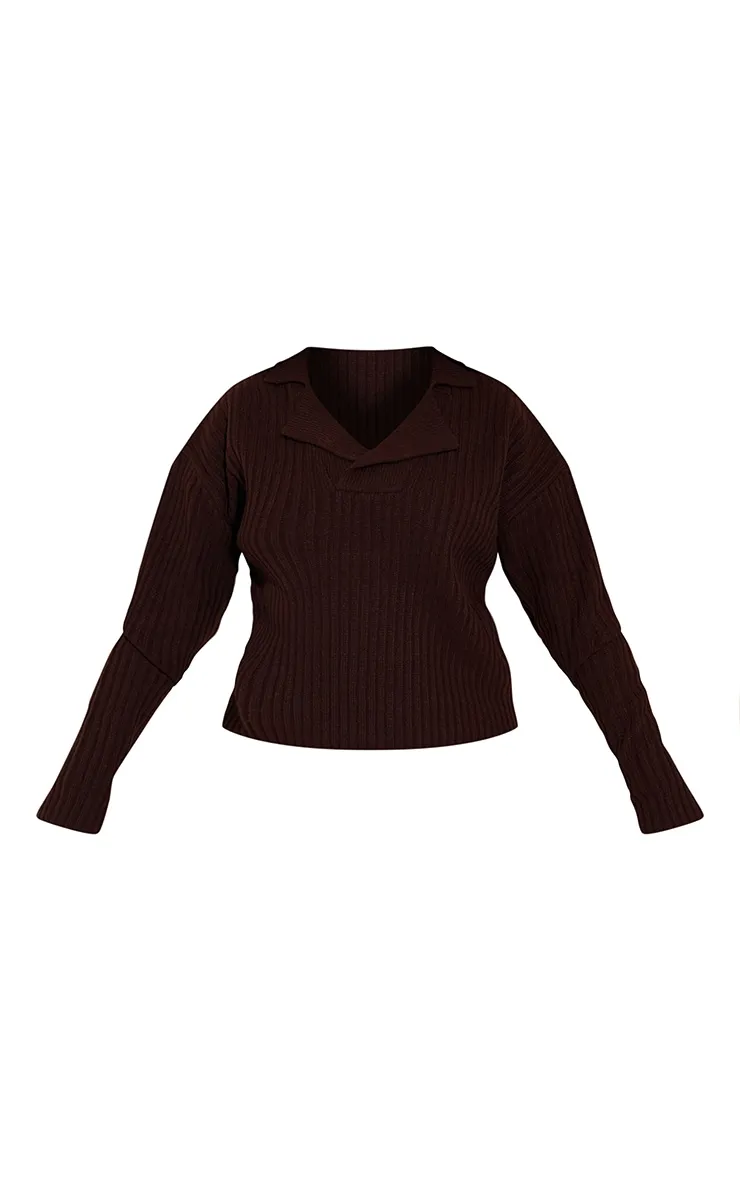 Plus Chocolate Knitted V Neck Jumper