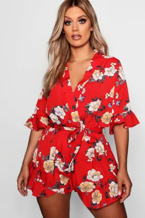 Plus Floral Printed Ruffle Hem Romper