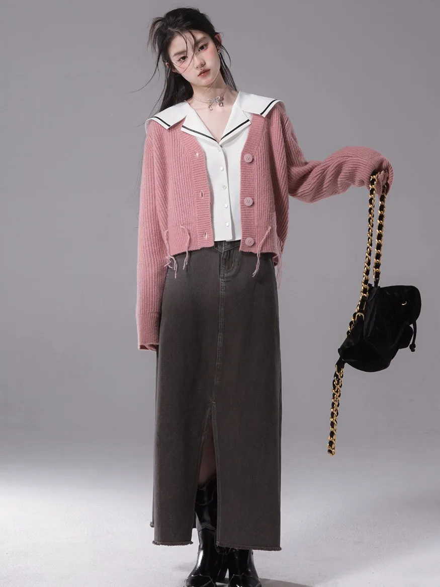Raw Edge Denim Long Skirt