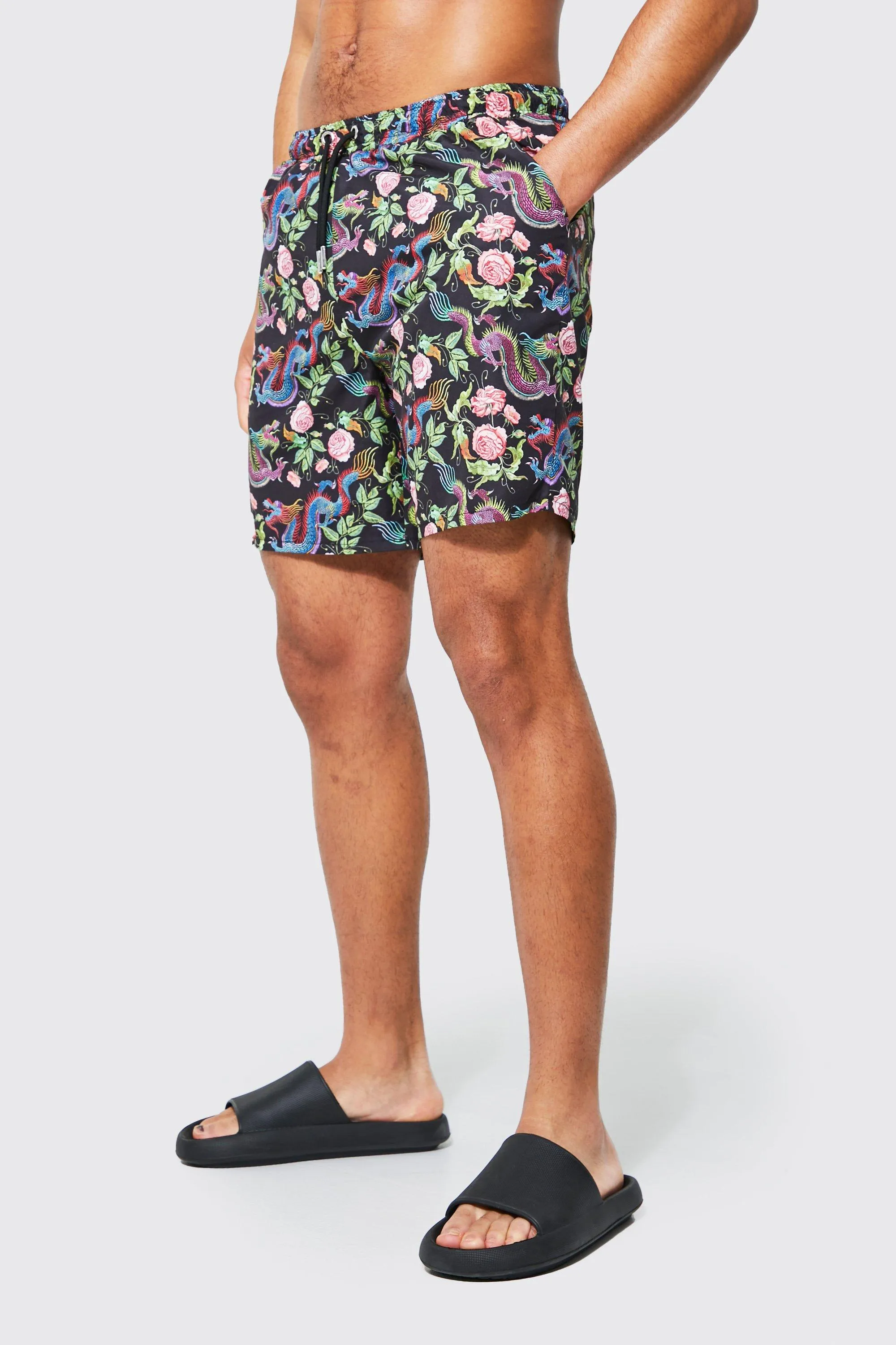 Tall Dragon Print Swim Short | boohooMAN UK