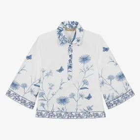 Teen Girls White Floral Embroidered Cotton Shirt